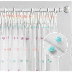 MYSKY HOME Curtains with Ruffle Tape, Short Voile Curtains for Children's Room, Modern for Curtain, Rainbow Embroidery, Semi-Transparent Sliding Curtain, Living Room, Set of 2, Colourful, H 160 x W