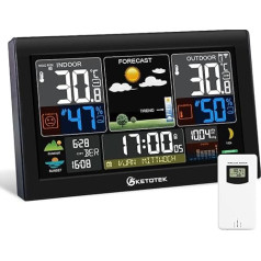 KETOTEK Wireless Indoor Outdoor Weather Station with Sensor VA Display Digital Thermometer Hygrometer, DCF Radio Alarm Clock, Barometer, Weather Forecast, Sunrise Sunset in the City, Moon Phase