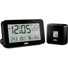 Braun Digital Weather Station Radio Clock for Central European Time Zone (DCF) with Display of Indoor and Outdoor Temperature, Humidity, Forecast, Alarm Beep in Black, Model BC13BP-DCF