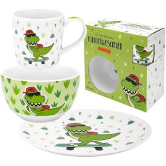 GRUSS & CO Dino 48843 Crockery Set with 1 Cup, 1 Plate and 1 Bowl, Porcelain, Gift, Start of School, Nursery, Children's Birthday Party