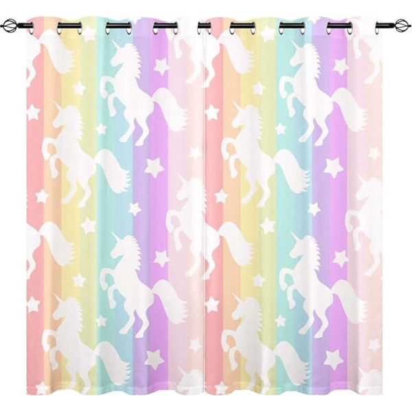 YUANZU White Unicorn Curtains Girls Rainbow Stripes Eyelet Curtains with Opaque Curtain Cold Protection Blackout Curtain Children's Room Bedroom Blackout Window Pack of 2 H 160 x W 106 cm