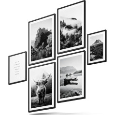 BLCKART Highland Cow Nature Picture Set Black White Double-Sided Forest Poster Living Room Decorative Wall Pictures (L 4 x A3, 2 x A4 Without Frame, Highland Cow Black and White)