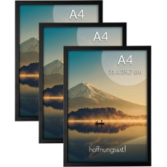 hoffnungsart Real Wood Frame, DIN A4, Matte Black Lacquered with Shatter-Resistant Plexiglass, Narrow Poster Frame, Set of 3 (DIN A4, 3 x Frames)