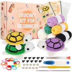 Aeeque Animal Crochet Set for Beginners, Complete Crochet Set Animals, 3 Turtles, Starter Crochet Animals Set for Adults Children, Animals Crochet Set with Instructions (English language not