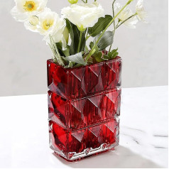 20 cm Crystal Glass Vase, Thickened Clear Glass Flower Vase, Large Square Vase, Decorative Vases, Flowers, Modern Farmhouse Centrepiece, Home Room Decor (Red)