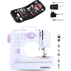 Compact sewing machine with 2 speeds and 12 stitches, includes sewing kit, foot pedal, 2 spools, spare needle, thread cutter and LED light. Powered by cable or 4 AA batteries (not included).