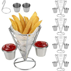 TAZZOR Pack of 4 Chip Bags Holders with Dip Bowls Removable, Chip Basket & Dip Bowl Set, Chip Baskets, Chips Stand, Serving Snacks with Dip Bowls for Cones (Doubled x 4)
