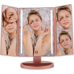 Vanity Mirror with 21 LED lights for your desktop. 3 Magnifiying mirrors (Zoom x2, x3 and x10) for all your Make Up needs. Folding body, Rose Gold color, 180º rotation for adjustment
