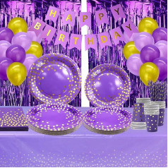 Purple Party Supplies Purple and Gold Decorations Set 25 Guests Including Plates, Cups, Napkins, Straws, Banners, Tablecloths, Foil Curtains, for Wedding, Graduation, Carnival