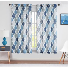 Beauoop Blue Grey Voile Curtains, Linen Look, Diamond Pattern Curtains with Eyelets, Geomertic Moroccan Semi-Transparent Eyelet Curtain, Decorative Curtain for Bedroom, Living Room, Set of 2, 127 x