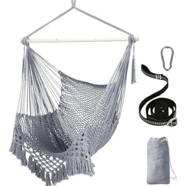 Chihee Hanging Chair, Large Hanging Chair, Soft Spun Cotton Rope Weaving Chair, Foldable Strong Metal Spreader Bar, Wide Seat, Lace Stretch Rocking Chair, Strap, Snap Hook