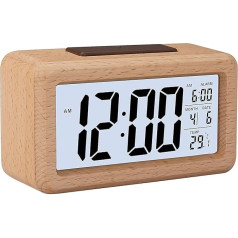 GINZER Wooden Digital Alarm Clock, Large LED Display, Wood Grain Intelligent Sensor Night Light, Snooze and Temperature, Battery Operated Office Bedside Table