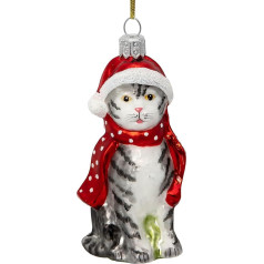SIKORA BS734 Cat with Christmas Hat Christmas Tree Decoration Glass Figure Christmas Tree Pendant - Premium Line, Variant: Grey Tied