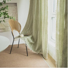 SASIGAYA Curtains, Boho Openwork Embroidered Curtains, Vintage Tassels, Country House Style Curtain, Cotton Linen Blackout Curtains, Green Curtains, Pack of 2 for Bedroom, Living Room, H 220 × W 140