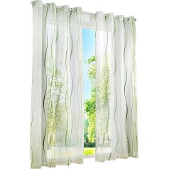 Pack of 1 Curtains with Wave Print Design Transparent Voile Curtains (W x H 140 x 245 cm, Green with Eyelets)