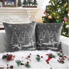 Lewondr Christmas Cushion Covers, Pack of 2, 45 x 45 cm Embroidered Snowflakes Reindeer Xmas Tree Snow Winter Cushion Cover Velvet Decorative Square Cushion Cover for Sofa Couch Grey