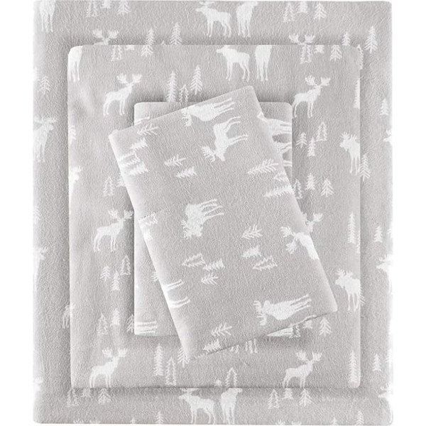 WOOLRICH Flannel Sheet Set 100% Cotton Warm Soft with 14 Inch Elastic Pocket Cabin Lifestyle Cold Season Cozy Bedding Set Matching Pillowcase Queen Grey Elk