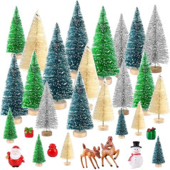 Kuuqa Mini Sisal Snow Frost Christmas Trees Bottle Brush Trees Plastic Winter Snow Ornaments Tabletop Trees with Merry Christmas Letters for Xmas Party Home Party Diorama Models