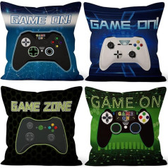 Aoihrraan 46 x 46 cm, Set of 4 Decorative Cushion Covers Gamer Slogans Gamepad Square Decorative Cushion Made of Linen Home Decor Sofa Home Decor Game At Party Play Bedroom Christmas Gifts