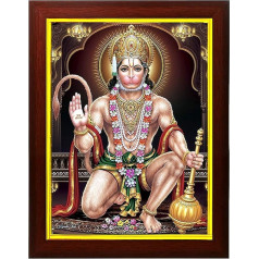zig zag Lord Hanuman ji Bajrang Bali Photo Frame Wall Hanging Temple Table Pooja Room (9.5 x 13.5 inch, Brown/Gold)