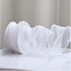 Whakano 1 Roll Organza Pearl Ribbon Transparent Chiffon Ribbon Organza Ribbon Decorative Ribbon for Wedding Birthday Christmas Craft Cake Gift Wrapping 4.5 m x 4 cm White