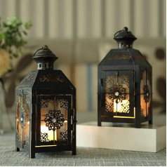 JHY DESIGN Decorative Hanging Lantern 23 cm High Metal Candles Lantern Glass Lantern Vintage Candle Holder for Wedding Garden Balcony Halloween Indoor Outdoor Living Room Patio (Black with Gold Brush)