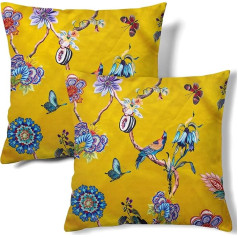 HMS Happy Memories Velvet Cushion Covers Square Decorative 18x18 Inch Set of 2 for Couch Sofa Bed Living Room Bedroom (Yellow Bird Bohemia)