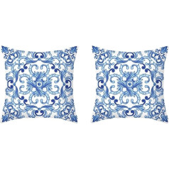 ANAZOZ 2 Kissenbezüge für Sofa, 45 x 45 cm, Kissenbezug aus blauem Samt, geometrisches Muster, weiße und blaue Kissenbezüge