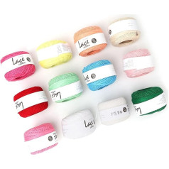 Assorted Colour Crochet Yarn Lace Line Cotton Hand Crocheted DIY Summer Silk Light Thin Line (with a Crochet Work) for Scarf Sock Cup Mat (12 Colours a Set)