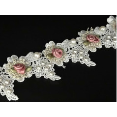 2 Yard Vintage White Pearls Rose Flowers Embroidered Lace Edge Trim Fabric Flower Appliques Lace Ribbon Bridal Handmade Sewing Craft for Wedding Dress Clothing Hat Decoration (White)