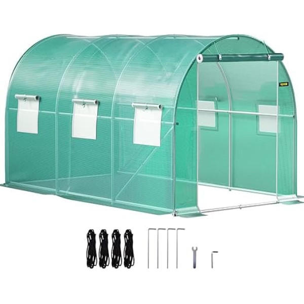 VEVOR Foil Greenhouse 3.7 x 2.1 x 2.1 m Arched Roof Greenhouse Galvanised Steel Frame and PE Cover Cold Frame Greenhouse 6 Mesh Windows Green Mobile Polytunnel Ideal for Growing Vegetables Flowers