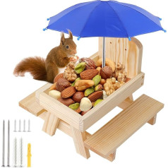 Creechwa Squirrel Feeder, Wooden Squirrel Picnic Table, Outdoor Bird Squirrel Feeder with Umbrella and Corn Holder for Garden, Trees, Woodhouse (Wood Color)