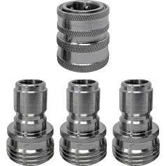 MTM Hydro garden hose Quick Connect hose connector set 3/4 inch solid stainless steel fittings Set with 1 female and 3 male garden hose connectors.