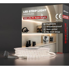 Shine Decor LED Strip 20 m, AC 220 V 230 V IP65 Waterproof LED Strip, SMD 2835 120 LEDs/m Ultra High Brightness Light Strip for Home Decoration Kitchen Garden LED Lighting (20 m, Neutral White)