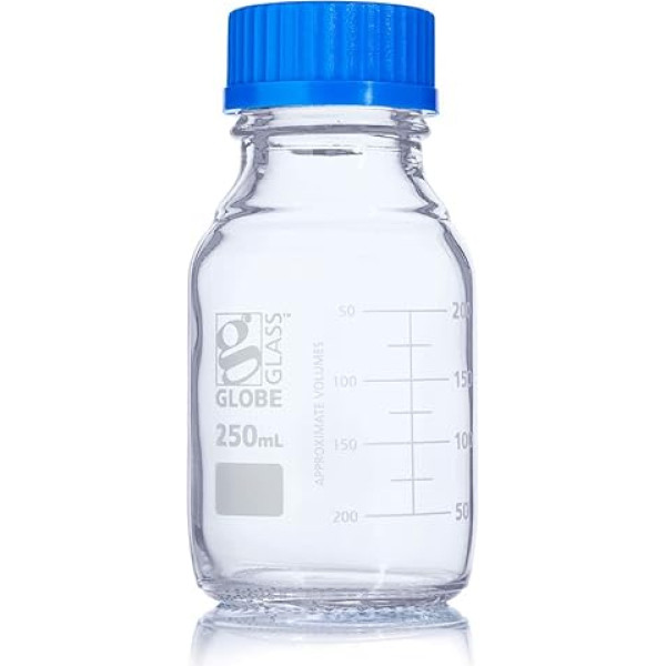 Globe Scientific Globe Glass Media Bottle, 8100250, 250 ml, GL45 Screw Cap, 3.3 Borosilicate Glass, Dual Graduations, 10/Box