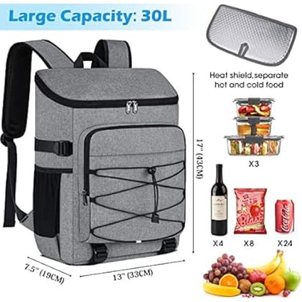 NUBILY Cool Backpack 30L Waterproof Cool Bag Backpack Large Insulated Cooler Bag Thermal Lunch Bag for Camping Outdoor Travel BBQ Hiking Black, gray, Modern