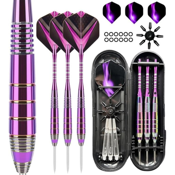 Darts-Set, 24 g, professionell, 3 Stück, Stahlspitzen-Dart-Set mit Aluminium-Schäften (+ 3 weitere Ersatzschäfte) und 2 Stil-Flights + Gummi-O-Ringe und Dart-Etui, farbig