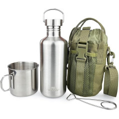 Pubgeer Canteen 1.2L Single Wall Water Bottle with 24oz Nested Camping Mug and Carry Bag, Stainless Steel, Bushcraft Equipment, Wide Mouth Water Bottle, Kettle,