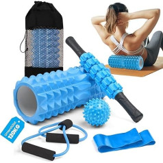 unycos - Fascia Roller 【PP/EVA】5-in-1 Set, Muscle Massage Roller/Foam Roller that Supports 120 kg, Fitness Resistance Band, Massage Ball, Rehabilitation Stick, Shape Rope and Storage Bag (Blue)