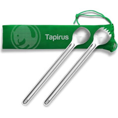 Tapirus Long Handle Spoon and Spork Set - Deep Reach Stainless Steel Cooking Eating Utensils Access Bag Bottoms, Keep Hands Clean and Away from Heat + Carry Bag Ideal for Hiking, Camping, Backpacking