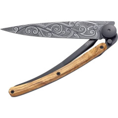 deejo - Knife 37G Olive Wood, Pacific Motif - Ultralight Folding Pocket Knife with Belt Clip - Stainless Steel Z40C13