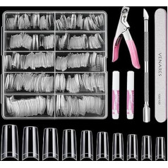 Venares Nail Tips for Gel Nails, 500 Pieces Nail Tips Set with Glue, 10 Sizes Nail Tips for Gel Nails and Glue Nails Files Nail Clippers Cuticle Pusher Artificial Nail Tips Set (Transparent)