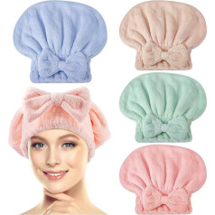 IJRPLM Microfiber Hair Towel Cap, Super Absorbent Hair Drying Cap, Soft Microfiber Hair Drying Cap with Bowknot Anti-frizz Hair Turban for Curly Long Wet Hair 4 Pack