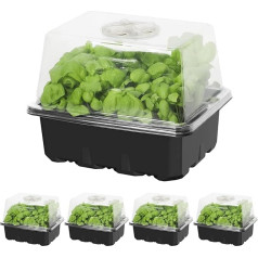 MIXC 60 Large Cell Mini Propagator with Humidity, Vented Domes and Soil for Seeds, Start Greenhouse (6 Cells Per Tray, 10 Piece Set) Black