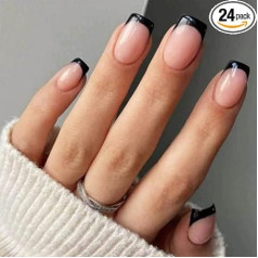 Pack of 24 Short Square False Nails French Tip Stick On Nails Black Edge Nude Press On Nails Removable Nails for Sticking Acrylic Full Cover Fake Nails Set Women Nail Art Accessories