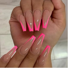 Coffin False Nails Short Fake Nails Red Ballerina Glossy Stick On Nails Oval Full Cover Press On Nails 24pcs For Women And Girls，With Solid Glue, Nail Lamp,(Dark-Pink)