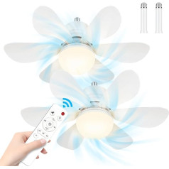 Ceiling Fan with Lighting - 2 Pieces 40 W Ceiling Light with Fan 25.6 Inch Lamp with Fan and Remote Control E27 Socket, 3 Wind Speeds Mini Fan, 3000-6500 K Dimmable LED Light