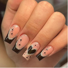 Sethexy Medium Ballerina Press-On Nails French Shiny False Nails Black Heart Glitter False Nails Shiny for Women and Girls 24 Pieces (5)