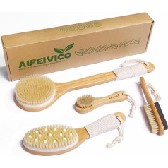 AIFEIVICO Dry Brushes, Body Brush, 4 Pieces, Exfoliating Dry Brush, Long Handle, Shower Brush, Face Brush, Foot Brush, Natural Boar Bristle & Massage Nub Brush for Lymphatic Drainage
