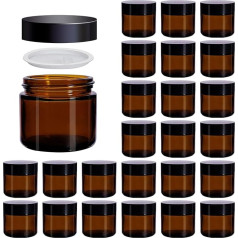 Galssmagic 24 Pack Amber Jars with Lids 2oz Small Jars with Inner Lining and Black Lids, Travel Jars for Cosmetic Containers, Cream Lotion, Body Scrub, Lotion
